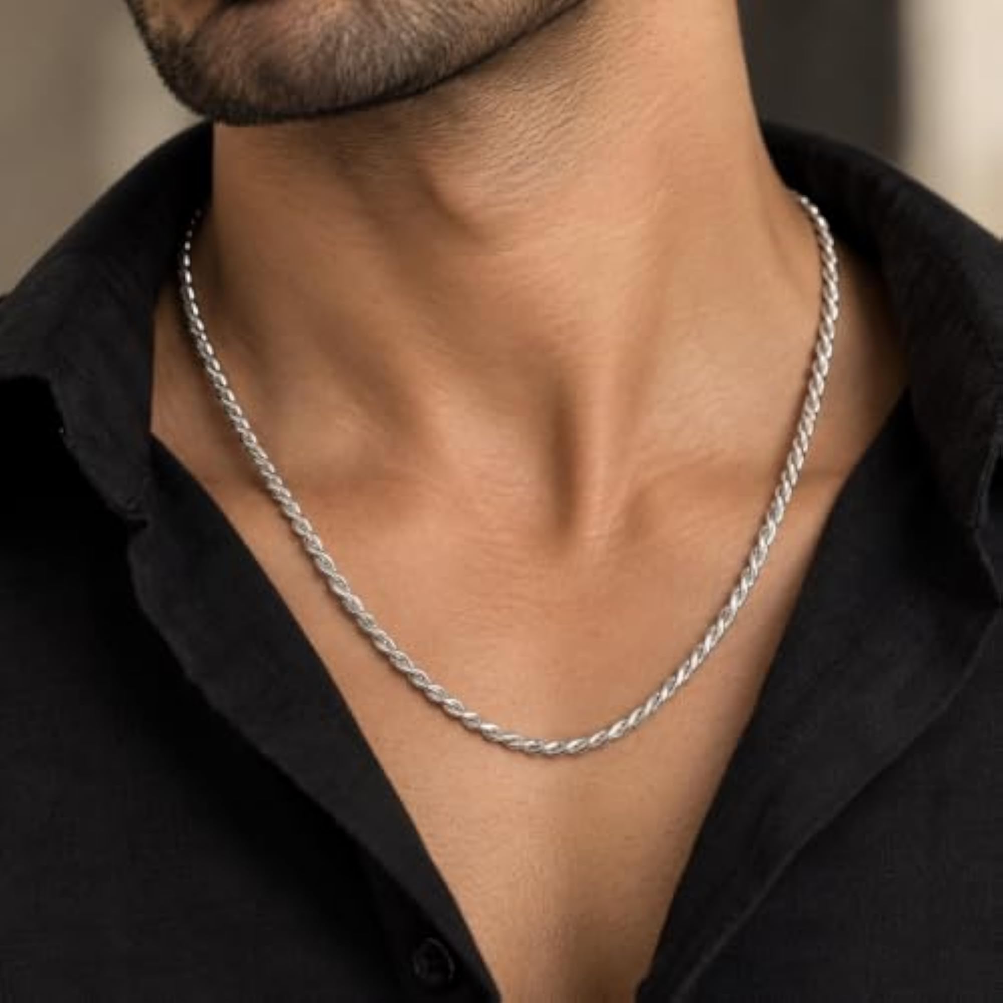 Men's Intertwined Rope Silver Chain Necklace, Waterproof